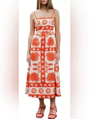Moon river scalloped cotton midi summer dress seashell print NWOT SZ M